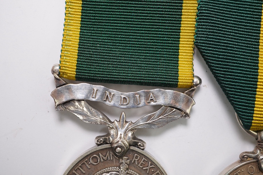 Six assorted Efficiency medals; GV (C) India to Pte.F.S.Slee,1 E.I.RY.R.,A.F.I.;GV (A) Territorial to 477046 Sjt H.W.Pawley, R.A.M.C.; GVI Militia to 2313197 Sclmn.S.H.Dummer, R.Signals.; GVI Territorial to 1434970 Gnr C